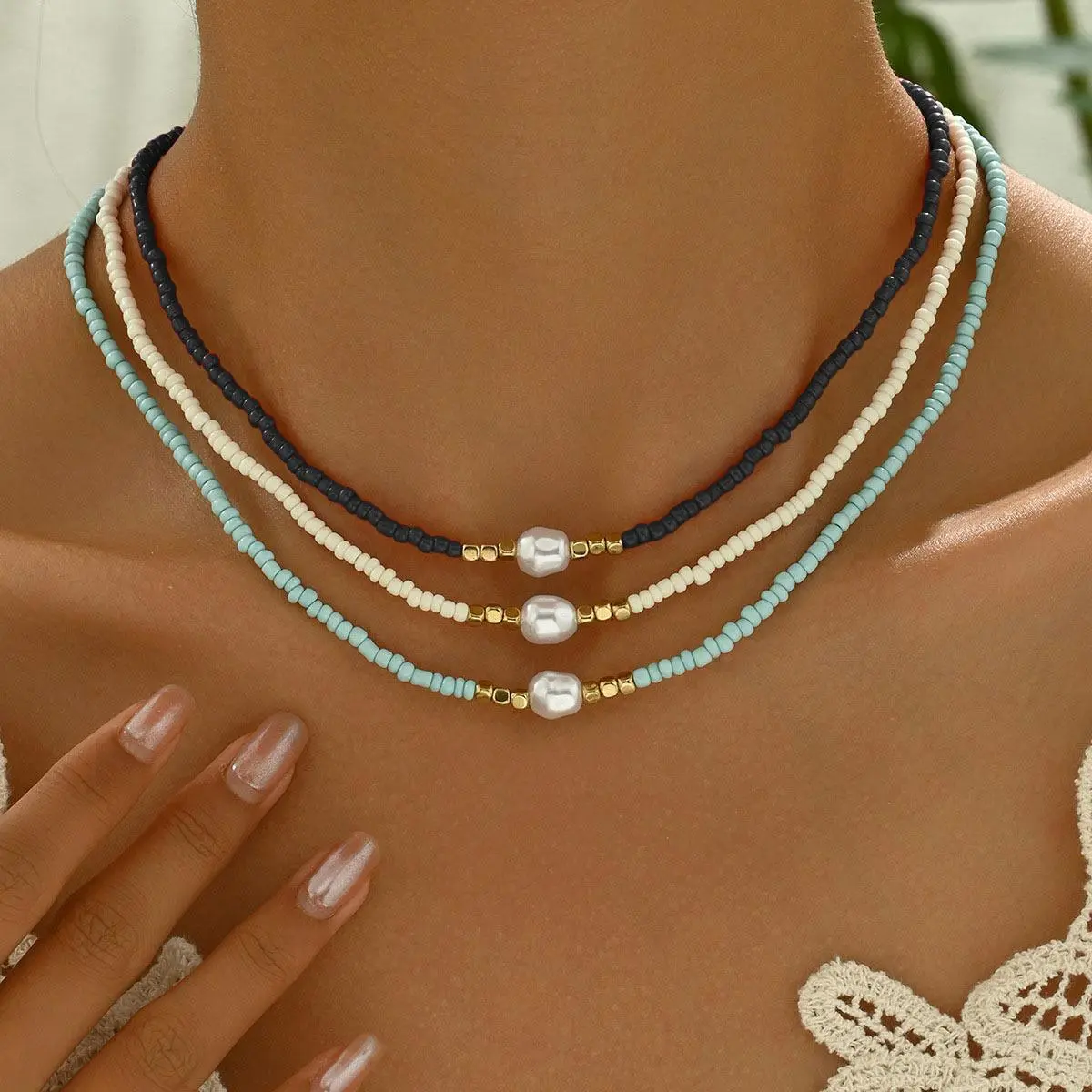 Colorful Jewelry Sets for Women, 3-Piece Bohemian Layered Necklace Set with Handmade Beaded and Pearl Pendant Chains for Beach Vacation