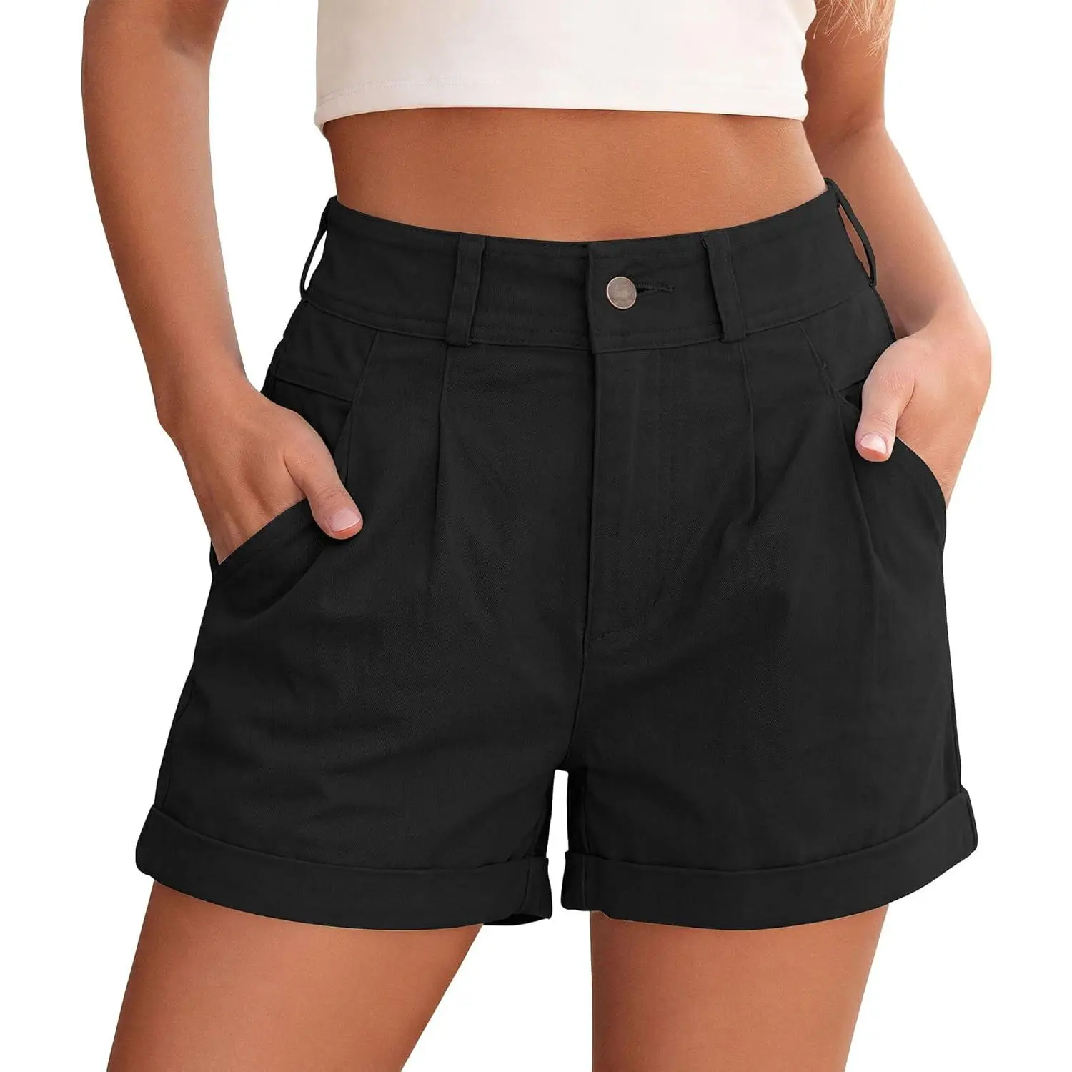 Women's Fitted High-Waisted Pleated Shorts, 2026 Summer Business Casual Tailored Cuffed Bottoms with Pockets, Tailored Cut, Daily Casual Shorts, Pleated Tailored
