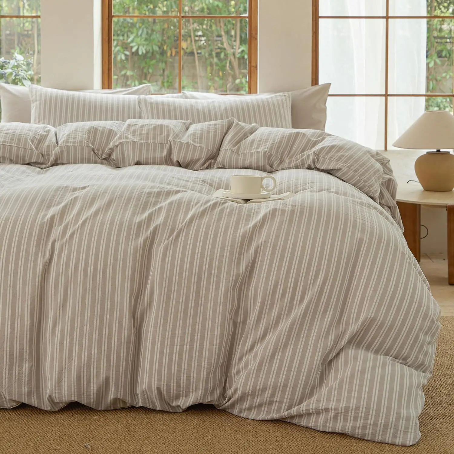 Queen Size 3-Piece Striped Duvet Cover Set, 100% Cotton Farmhouse Bedding Set with Neutral Vibe, Breathable & Comfy (Strip-Tannish Grey/White)