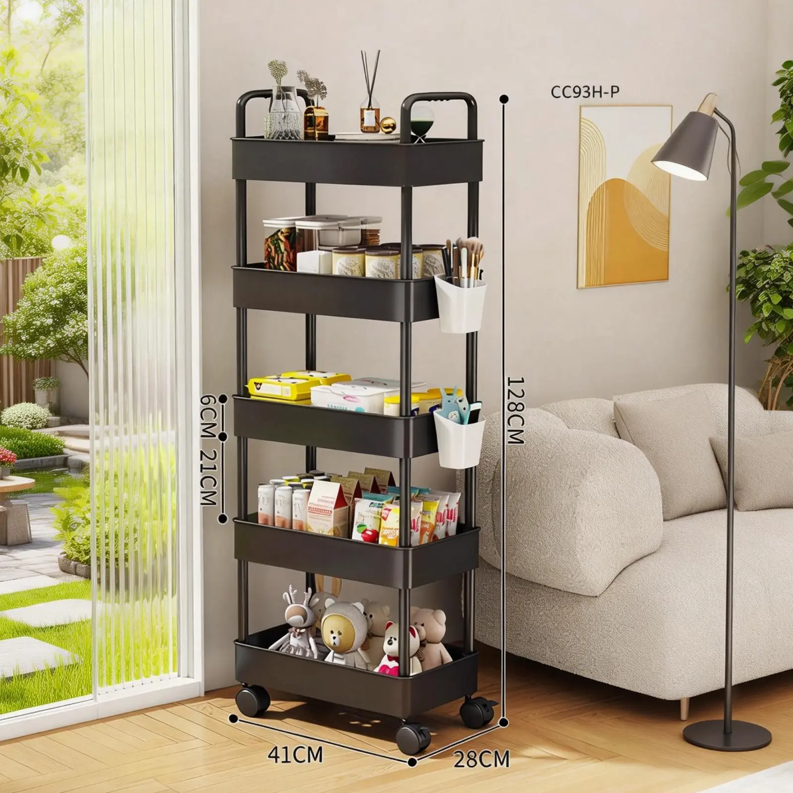 5-Tier Plastic Storage Cart, 48" Tall Rolling Utility Trolley with 360° Wheels & Handles, Slim Shelving Organizer for Kitchen, Living Room, Office