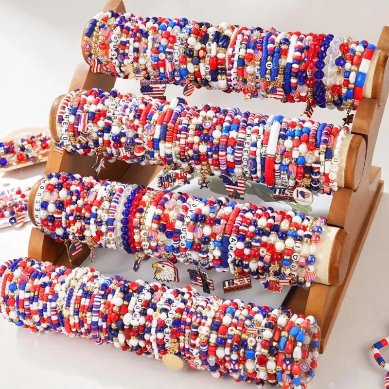 Women's Multi-layered Bead Work Bracelet Set, 4th of July American Flag Stretch Bangles for Independence Day Vacation & Everyday Wear, Bead Work Bracelets & Bangles, Elastic Wrist, Instant Patriotic, Mix & Match Beads