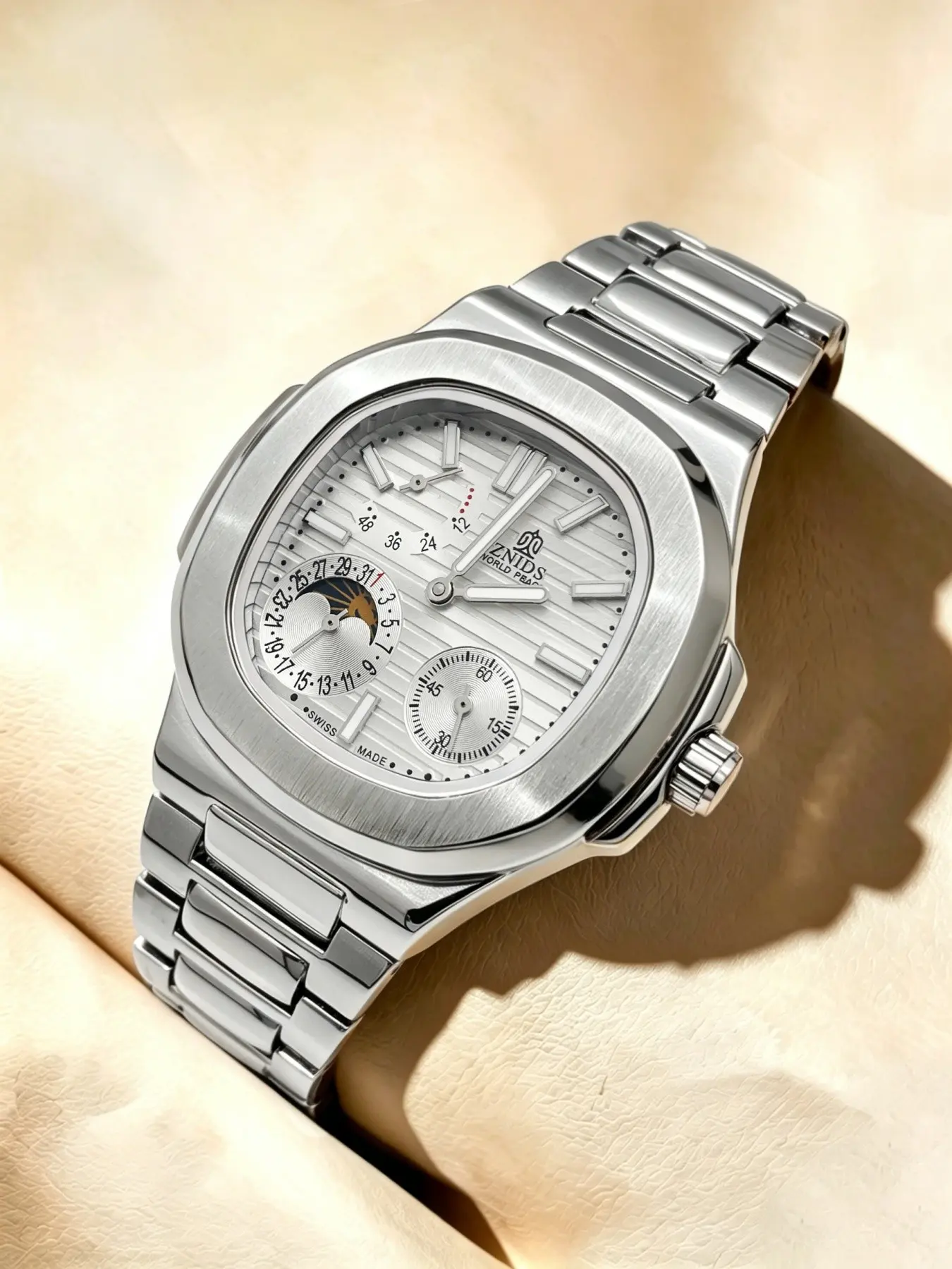 Luxury Nautilus Series Men's Mechanical Watch, Automatic Movement, Waterproof, Night Glow, Calendar, Moon Phase, Stainless Steel Band
