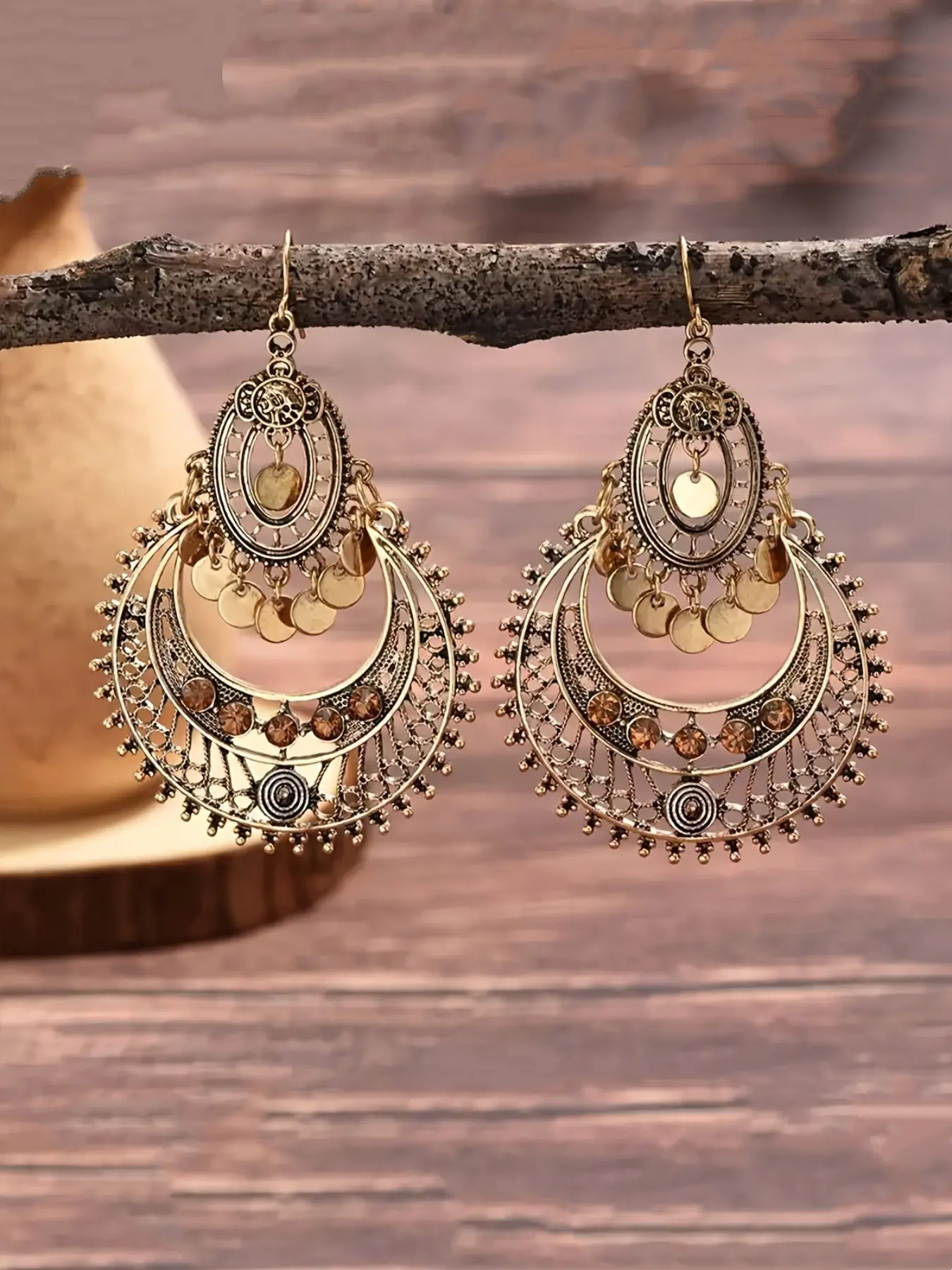 The Ultimate Bohemian Vibe Chandelier Earrings, Unique Design Earrings, Vintage Gold with Coin Fringe & Crystal Accents for Work Date Festival & Vacation. Perfect Gift for Bestie or Girlfriend. Dangling Earrings