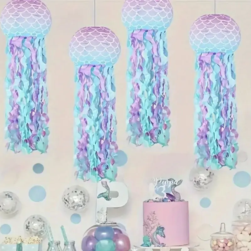 4PCS  Mermaid Jellyfish Paper Lanterns - Underwater Party Decorations, Hanging Mermaid Themed Lanterns with Rainbow Streamers, Ideal for Ocean-themed Birthdays, Baby Showers and Beach Party Supplies