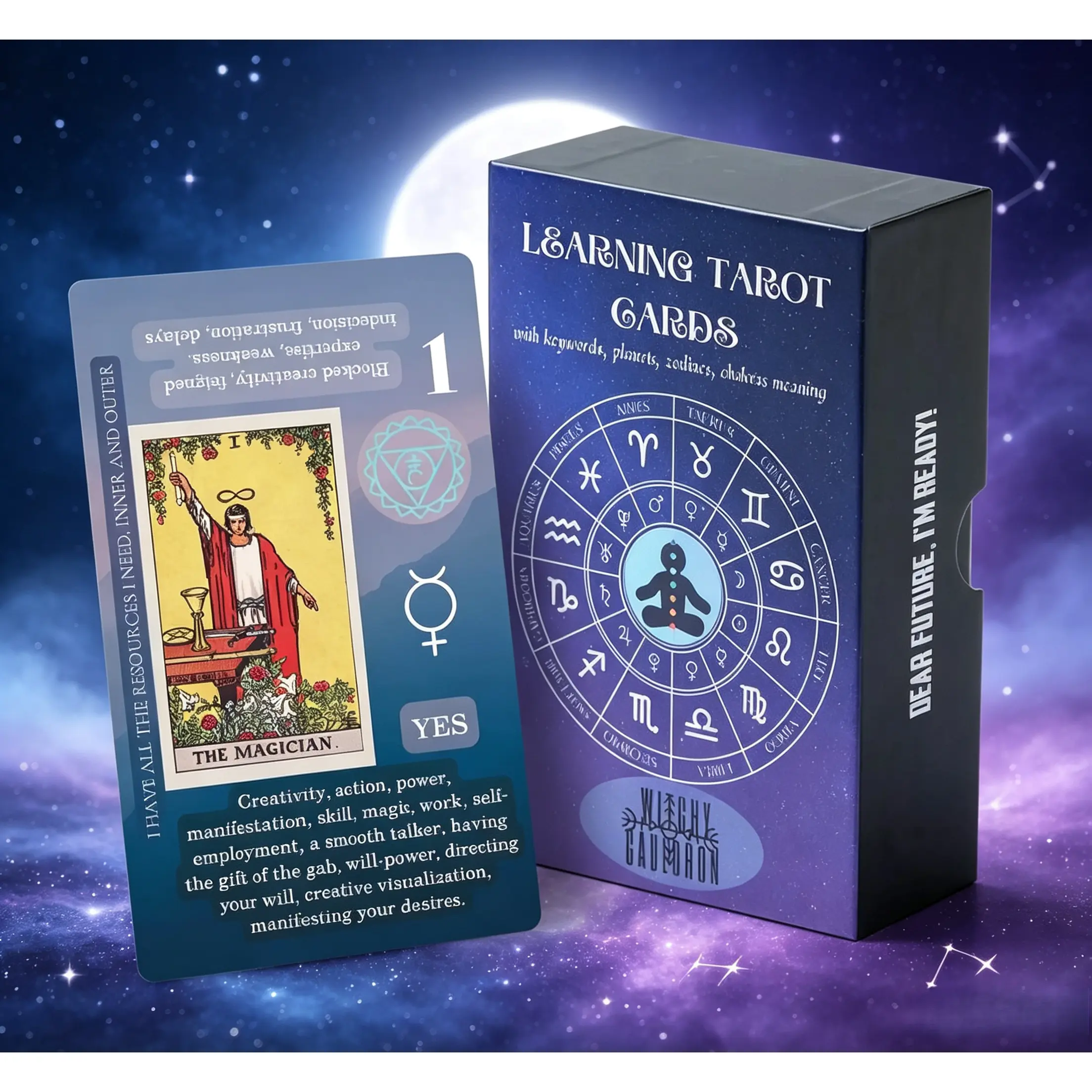 Beginner Fortune Telling Tarot Card Deck with Printed Meanings, Keywords, Zodiac, Element, Chakra, Yes-No Guide & Affirmations