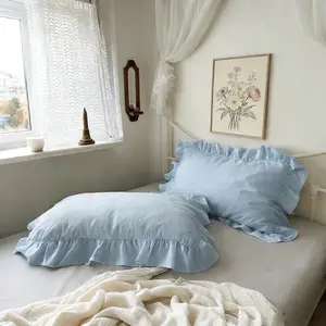 Pack of 2/4 Sky Blue Ruffle Pillow Cases, Standard Size 20"x30" French Country Vintage Pillow Shams, Soft Brushed Microfiber Frilly Pillow Covers with Envelope Closure, Wrinkle Resistant Farmhouse Decorative Pillowcases for Bedroom