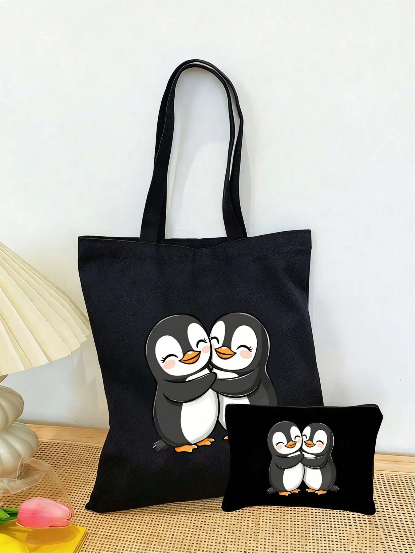 2 Piece Penguin Pattern Handbag Set, Women's Fashion Shopping Bag with Zipper Makeup Pouch, Reusable Travel Bag for Holidays and Gifts