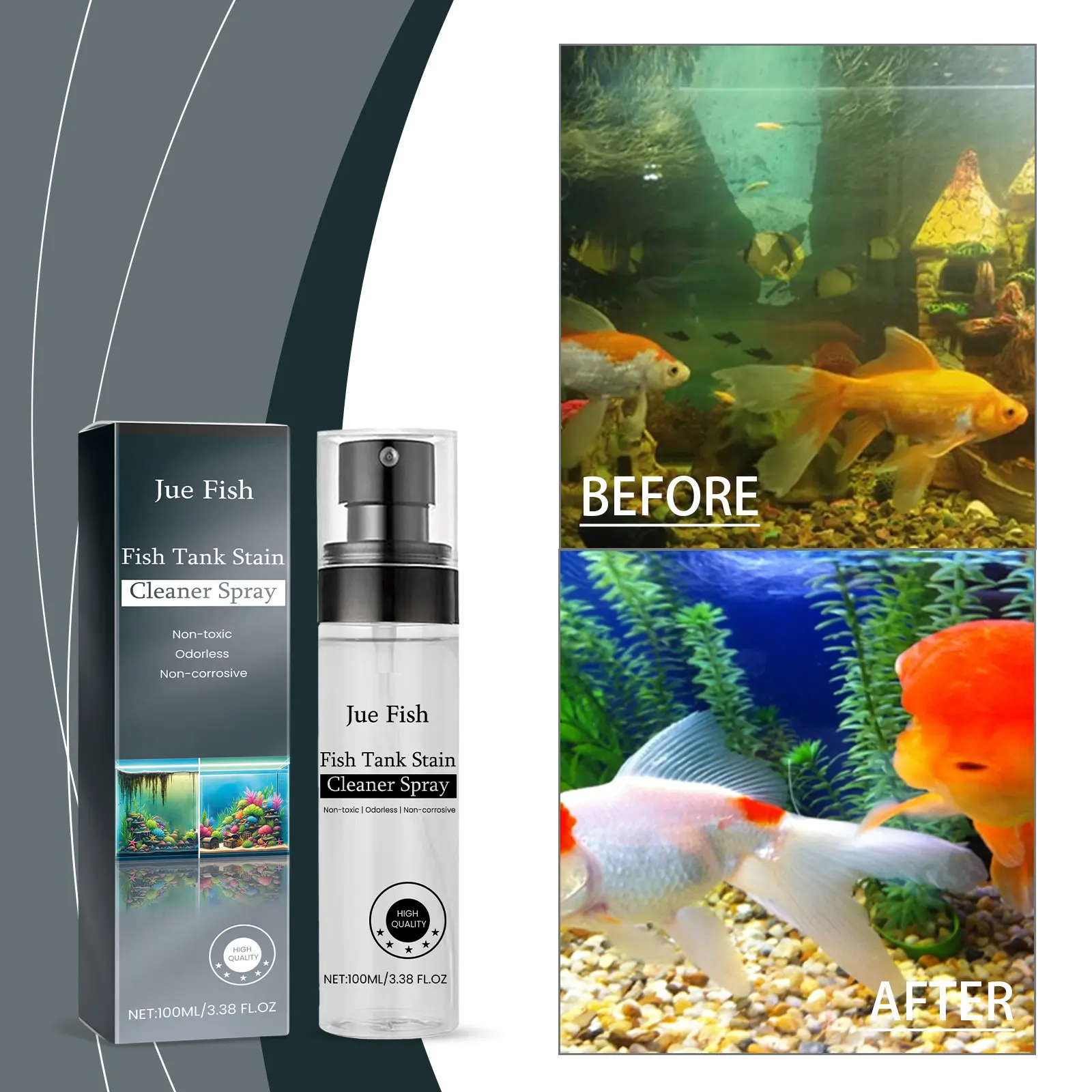 Jue Eco-Friendly Aquarium Glass Cleaner Spray Bottle - 100ml (3.38 Fl Oz) Non-Toxic, Odorless, Non-Corrosive Staining Glass Cleaner with Laureth-7, Safe for Fish & Aquatic Life, Removes Hard Water Spots & Mineral Deposits (1-Pack), Staining Glass Cleaners