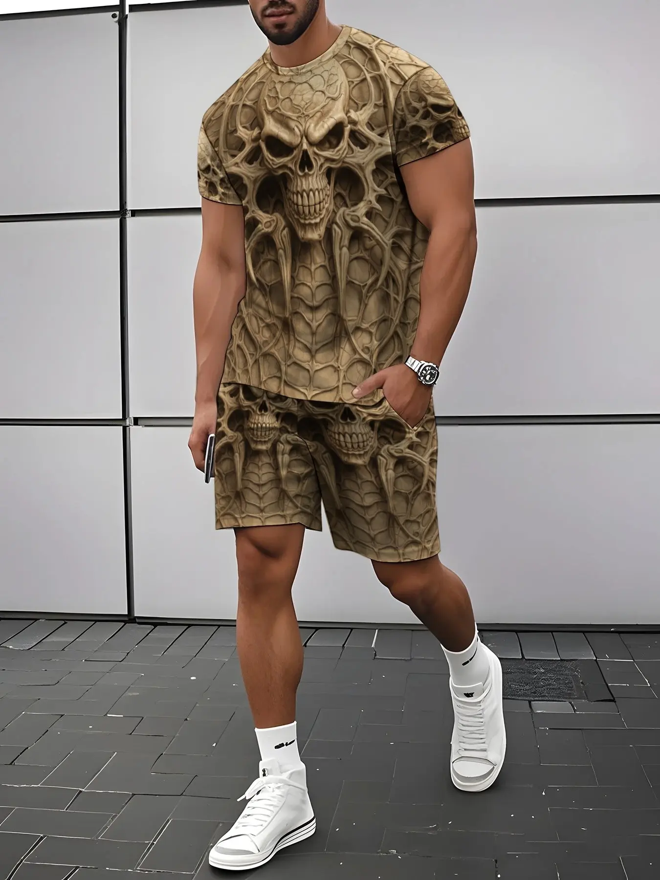 American Gothic Dark Style Skull Skeleton Two-Piece Set, 3D Printed Men's Casual Suit, Fitted Without Collar, All over Print