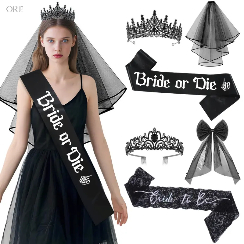 Halloween Gothic Ghost Bride 3Pcs Costume Set, Black Wedding Crown + Veil + Shoulder Strap Outfit, Spooky Dark Bridal Accessories, Elegant Gothic Dress Up Kit, Perfect For Bachelorette Party, Halloween Cosplay, Themed Party & Horror Wedding Scene Decorati