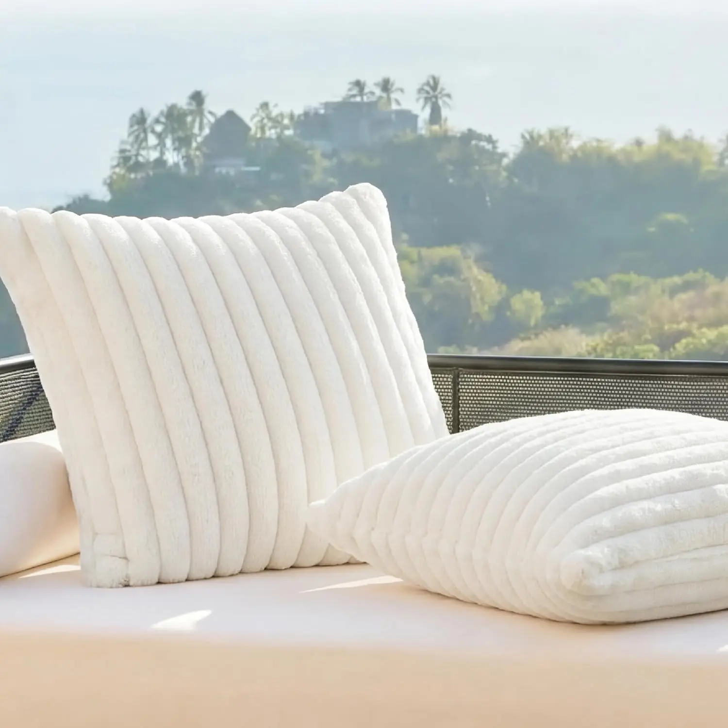 Double-Side Striped Decorative Throw Pillow Covers 18x18 Set of 2, Spring White  Soft Pillow Covers,  Decor for Couch Sofa Living Room Bedroom