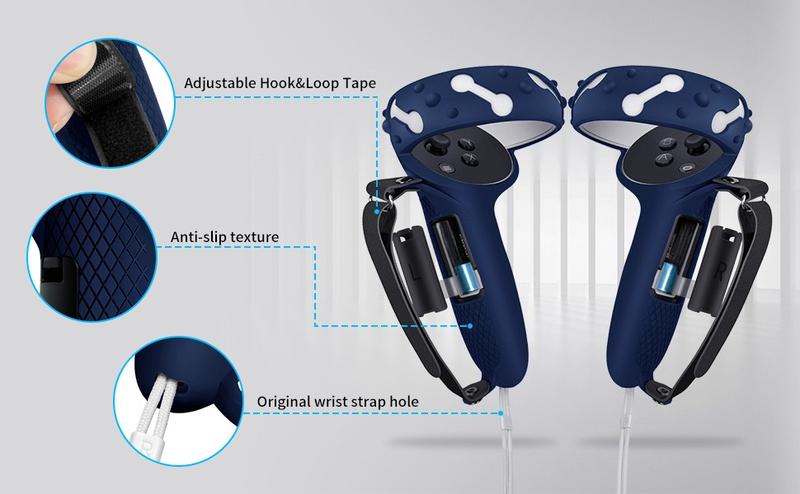 P-PDT014   Controller Grips for Oculus Quest 2, Extended Silicone VR Grips Cover Protector with Battery Opening, Knuckle Straps, Anti-Throw Hand Strap for Meta Quest 2 Accessories Blue