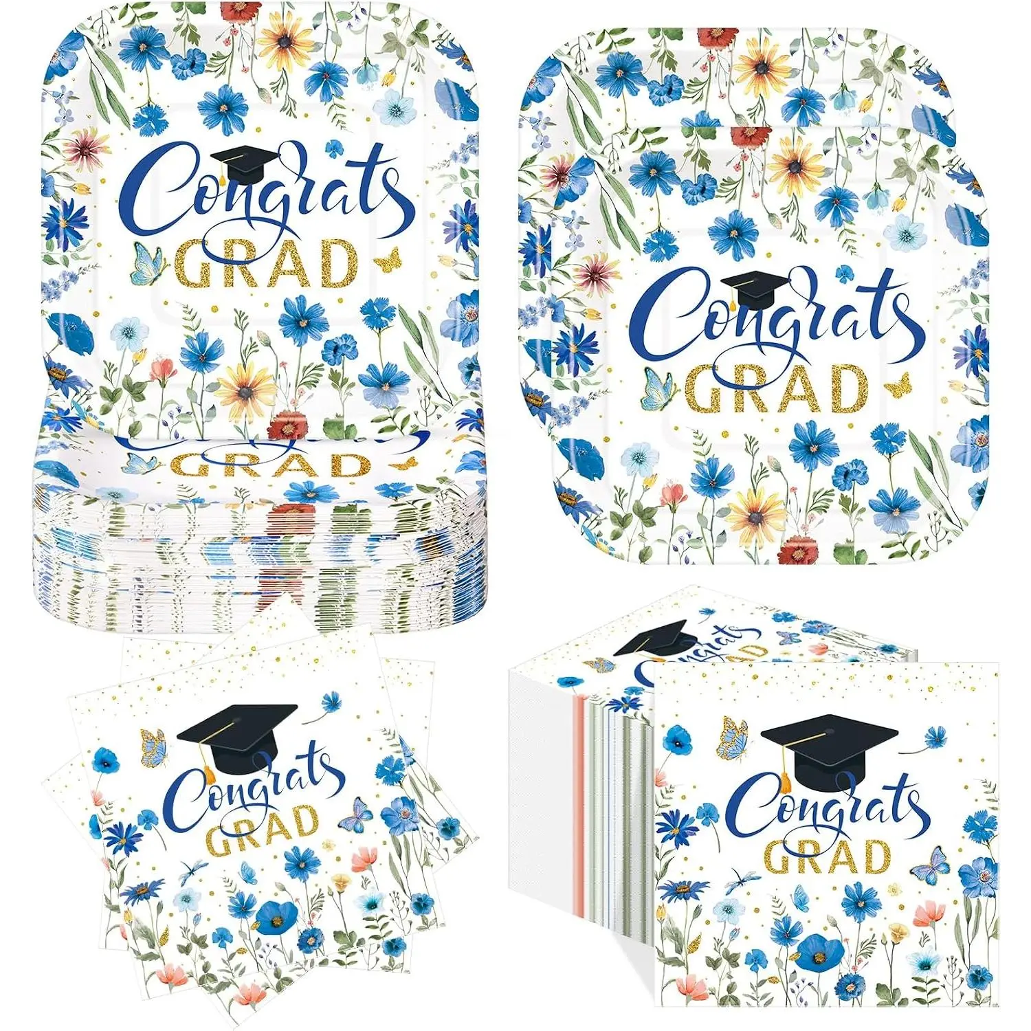 100 count Wildflower Graduation Plates and Napkins Party Supplies | Class of 2027 Congrats Grad, 7'' Disposable Plates, 13'' Dinner Napkins, Graduation Party Decoration, Serves 50 Tableware Set
