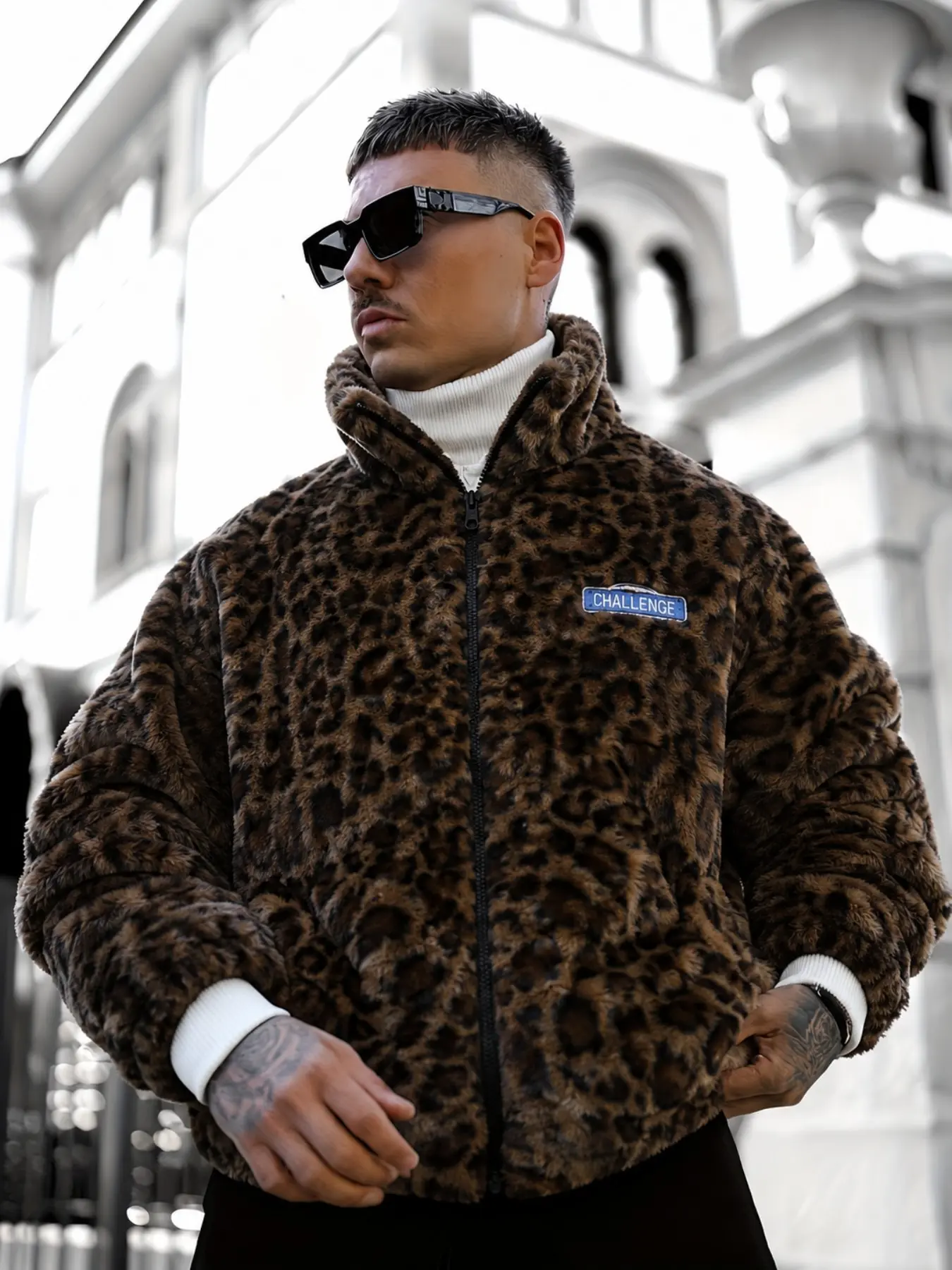 Aesthetic Leopard Print Faux Fur Jacket for Men Women | Warm Thermal Fleece Coat with CHALLENGE Patch | Trendy Y2K Streetwear Outerwear for Cold Weather & Winter Outfits