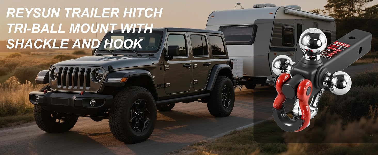 Trailer Hitch Tri-Ball Mount: with Swivel Tow Shackle and Tow Hook, fits for 2-inch Receiver, Chrome Trailer Ball Size 1-7/8", 2