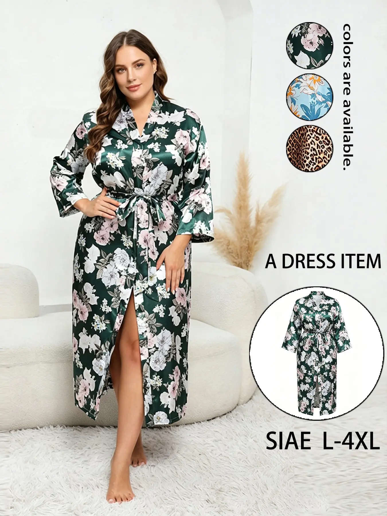 Plus Size Long Sleeve Robe, Elegant All over Print Bathrobe, Tie Waist Design, Leopard Pattern, Fits Up to 250 Lbs, Women's Home Wear Loungewear Floral