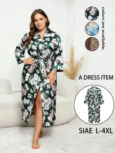 Plus Size Long Sleeve Sleepwear, Silk-Like Robe with Tie Waist, Leopard Print, Comfortable Home, Fits Up to 250 Lbs