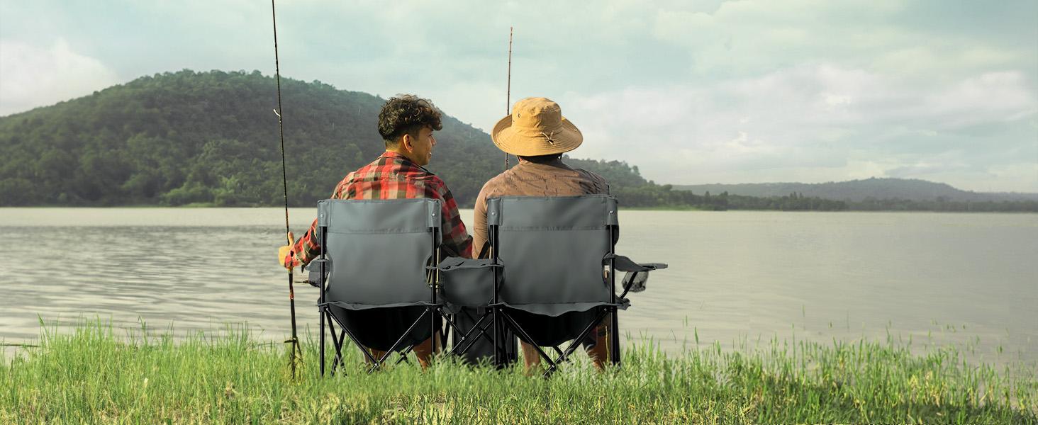 Outvita Folding Double Camping Chair w/Umbrella Beverage Holder Carrying Bag Cooler Fold Up Table, Large Bearing Capacity for Beach Patio Pool Park Outdoor Gray