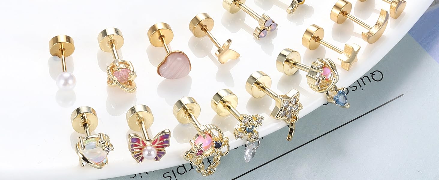 FIASASO 16Pcs Dangle Cartilage Earrings for Women Men Stainless Steel Tragus Stud Earrings 16G and 20G Butterfly Heart CZ Opal Flat Back Earrings Cartilage Tragus Conch Helix Daith Piercing Jewelry