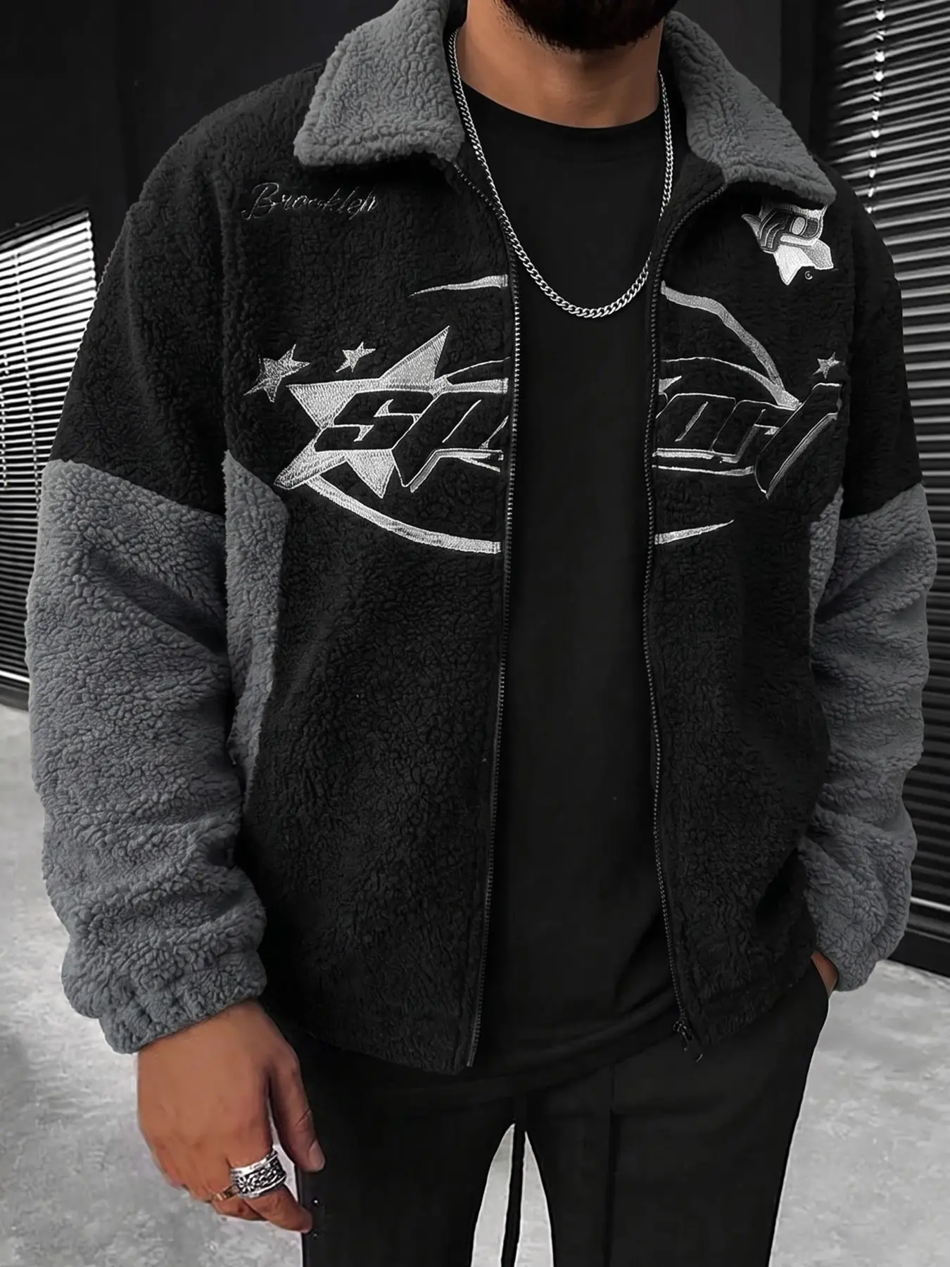 Men Black Gray Color Block Lapel Sherpa Jacket, Star Stripe Brooklyn Cursive Logo Fluffy Warm Y2K Street Outerwear