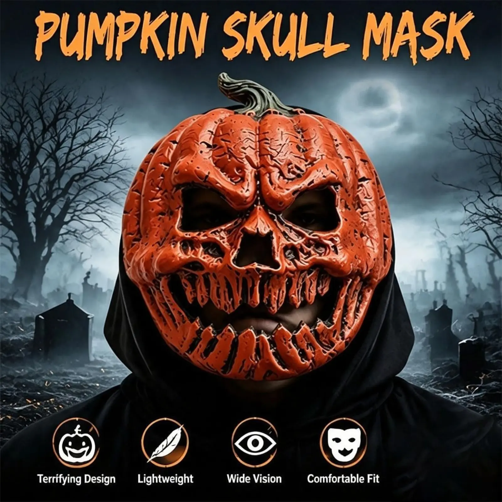 Creepy Scary Pumpkin Head Halloween Mask, Unisex Adult Pumpkin Face Cosplay Mask, Halloween Party Costume Prop Decor for Men and Women