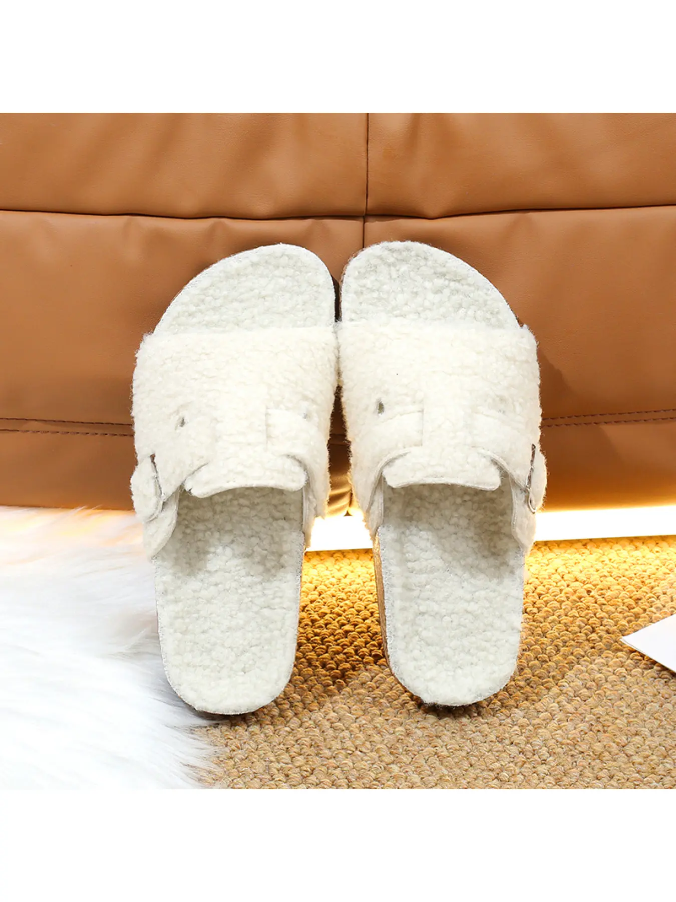 Cozy Plush Slide Sandals with Metal Buckle, Soft Teddy Fleece Lining Non-Slip Wear-Resistant Outsole, Versatile Warm Footwear for Autumn Winter Daily Wear