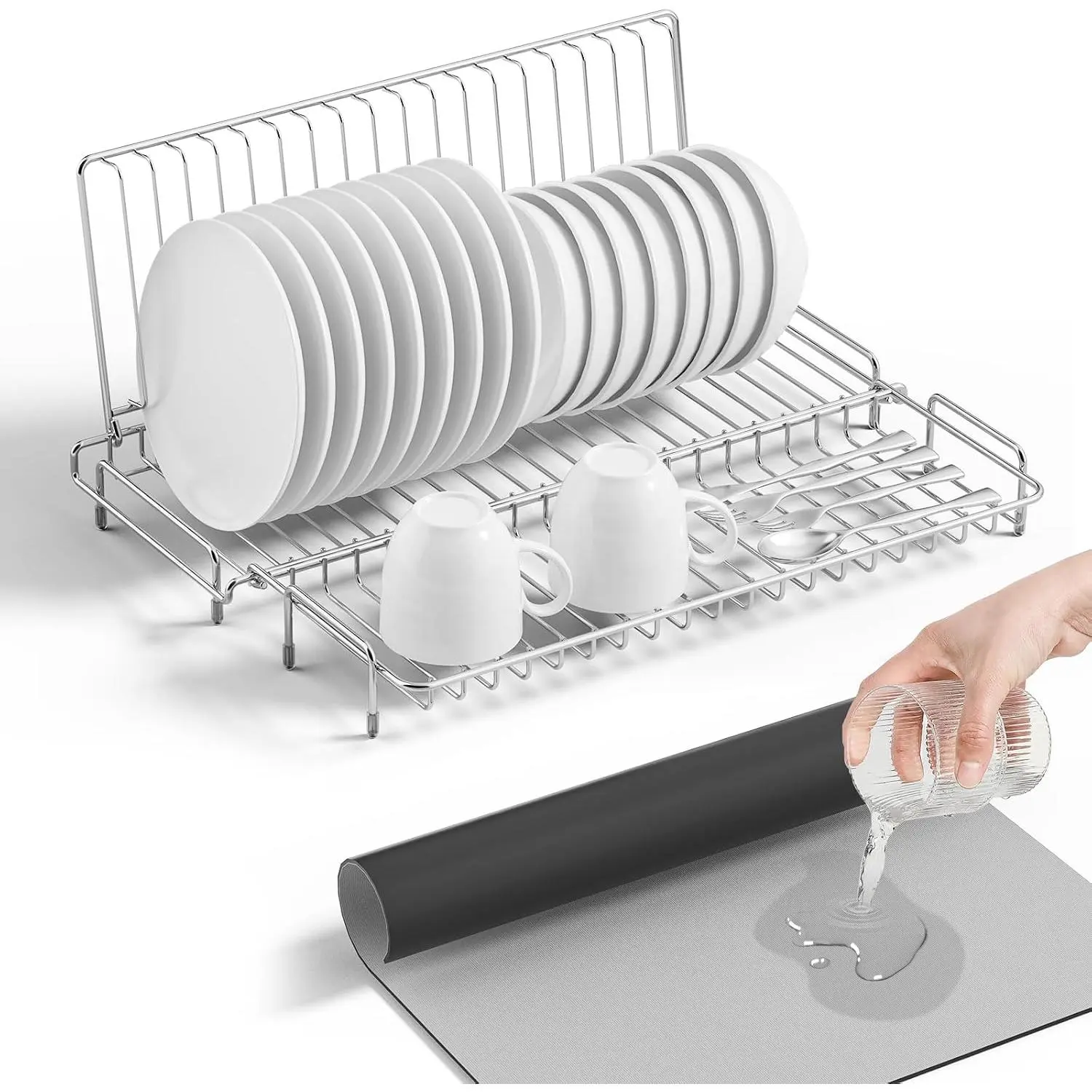 Small Dish Drying Rack Stainless Steel Collapsible | Foldable Rack Countertop with Drying Mat for Kitchen Dorm RV Campers Travel  Space Saving