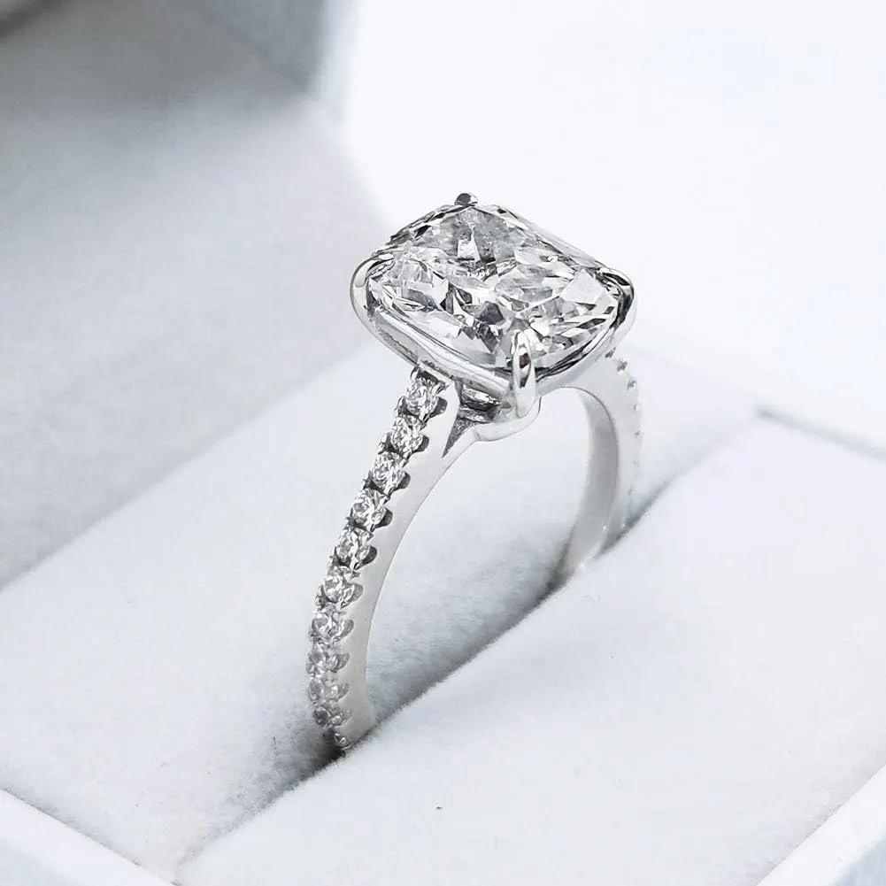 Bo Dream Women's Platinum-Plated Sterling Silver Engagement Ring - Cushion Shape, Multi-Faceted CZ Gemstone Center, Resistant Plating, Ideal Engagement Gift, Solitaire Set, Anniversary, Band, Classic, Cushion Cut Cubic Zirconia, Cushion Shaped, Daily