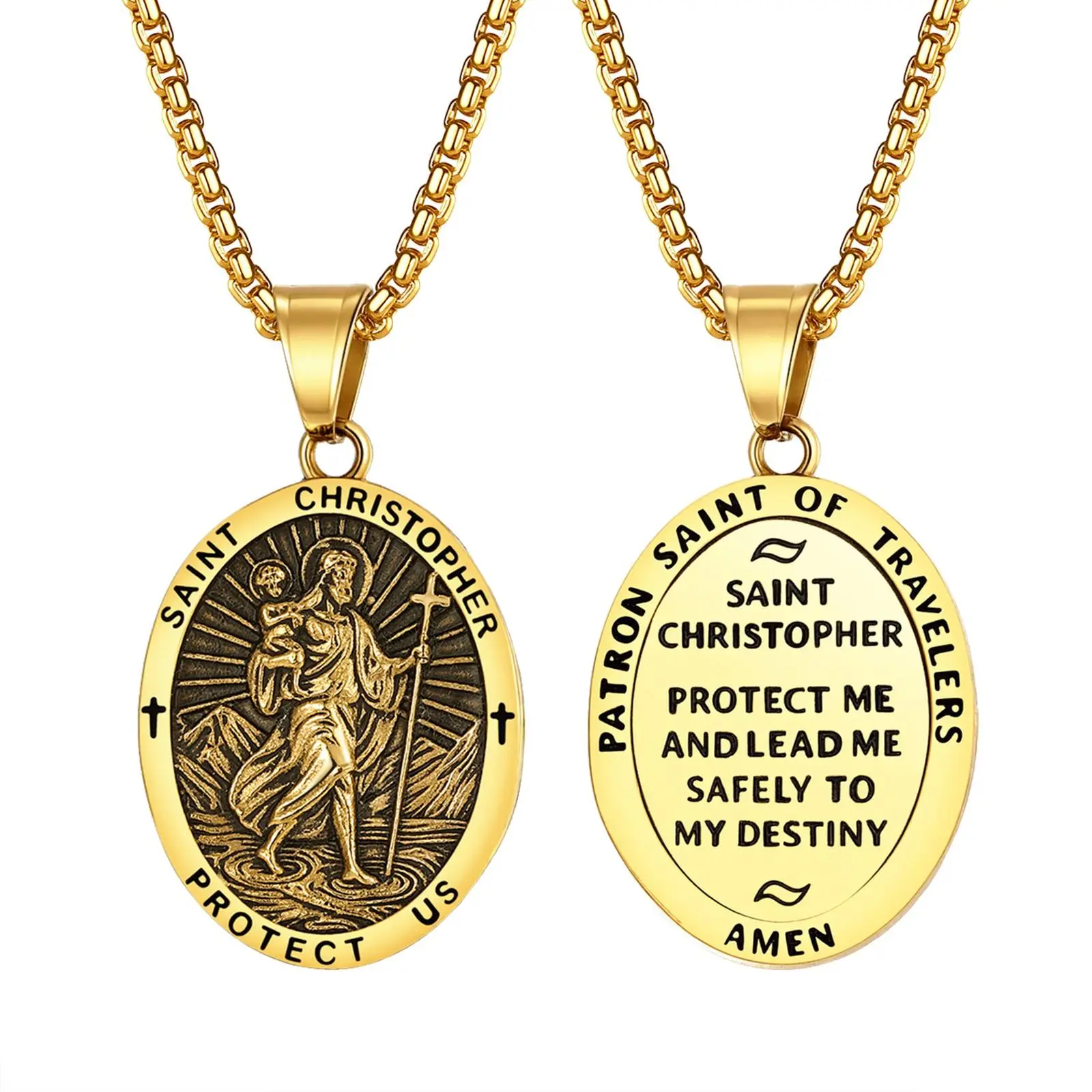 Men's St Christopher Necklace, Elegant Engraved Stainless Steel Oval Catholic Medal, Figaro Chain Jewelry Necklaces (60cm Steel Chain, Male Fit), Everyday Wear, Traveler Protection, Birthday Gift, Available in Gold & Silver Tones