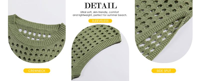 Saodimallsu Womens Crochet Swimsuit Coverup Summer Sleeveless Hollow Out Knit Crewneck Side Split Long Beach Dress