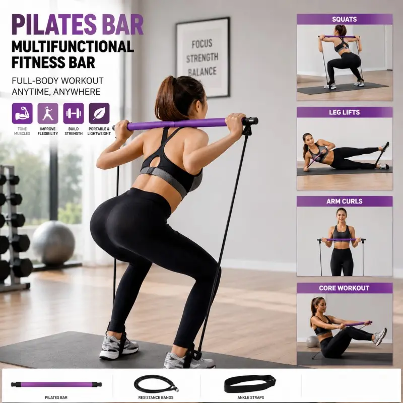 Pilates Bar with Resistance Bands, Multifunctional Pilates, Detachable Yoga Exercise Stick with Foot Loops, Portable Home Gym Equipment for Full-Body Workouts, Squats, Glutes, Arms, Core Training, Yoga Fitness Equipment