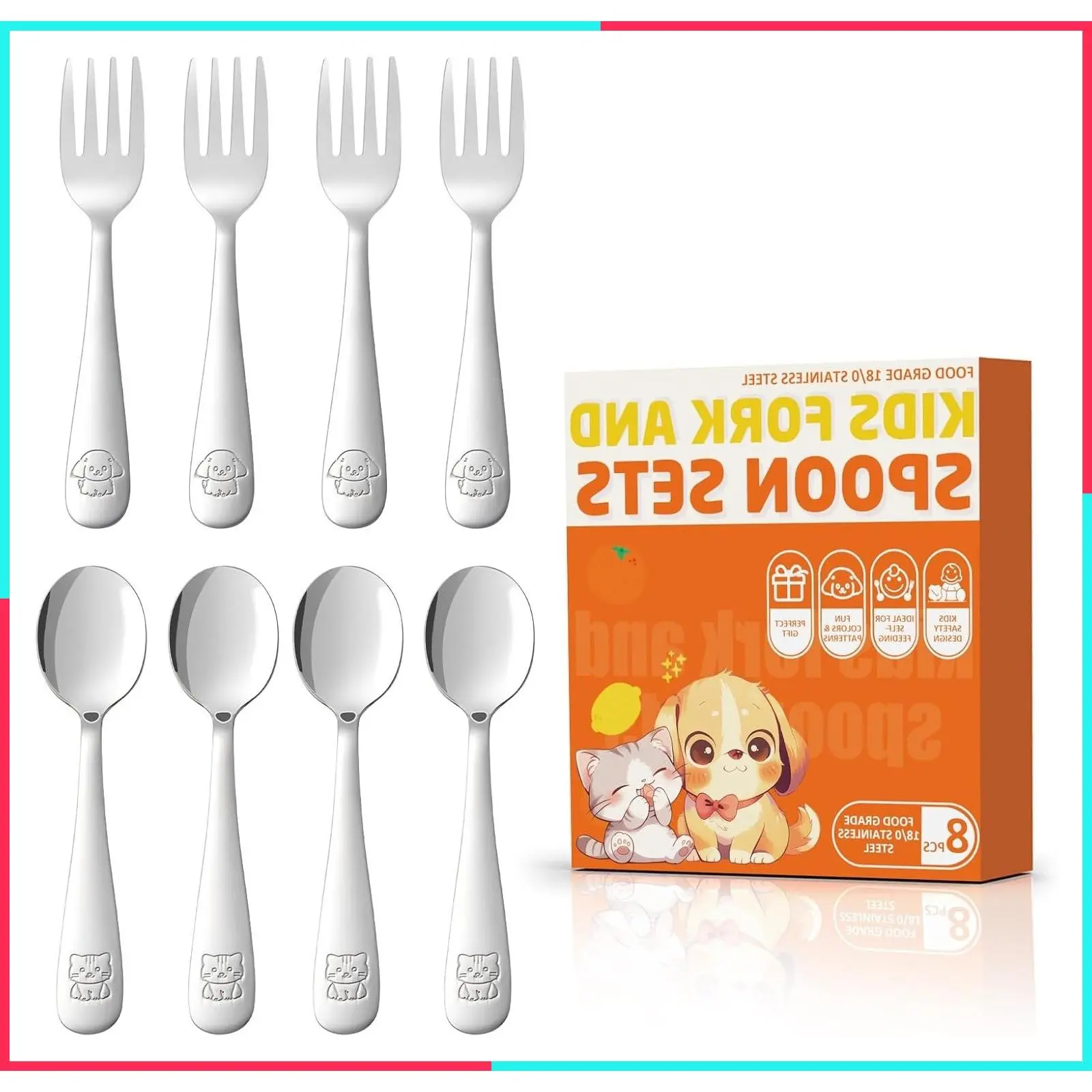 8-Piece Toddler Utensils Set, Food Grade Stainless Steel Kids Silverware with Forks and Spoons, Child-Sized, Dishwasher Safe