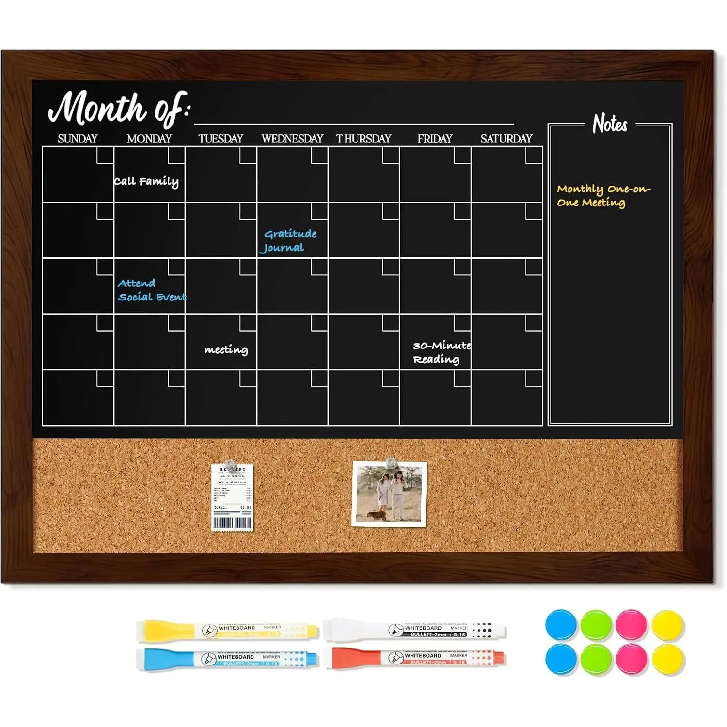 24"x18" Rustic Frame Chalkboard Calendar & Corkboard Combo Set - Office School Monthly Planner, Bulletin Board with 4 Markers, 8 Clips, 10 Pins