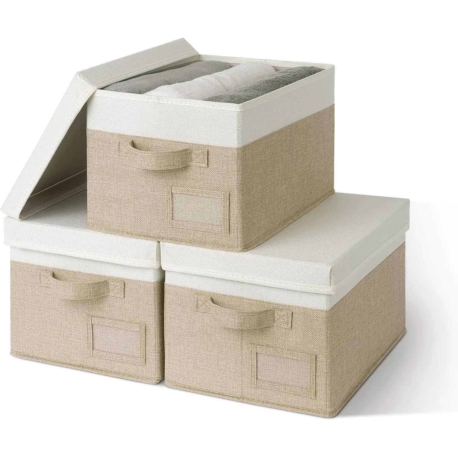 Storage Basket with Lid, Linen Fabric Storage Bins with Label, Decorative Storage Boxes, Clothes Storage and Organization, Memory Keepsake Box, 3-Pack, Medium, Khaki&Ivory