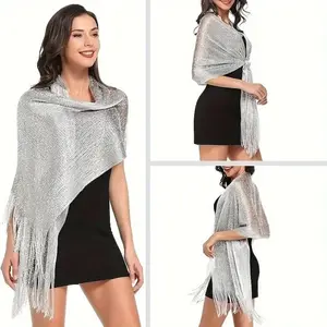 Elegant Shiny Metallic Scarf Gold Silver Thread​ Long Banquet Shawl with Tassel Party Evening Dress Scarf