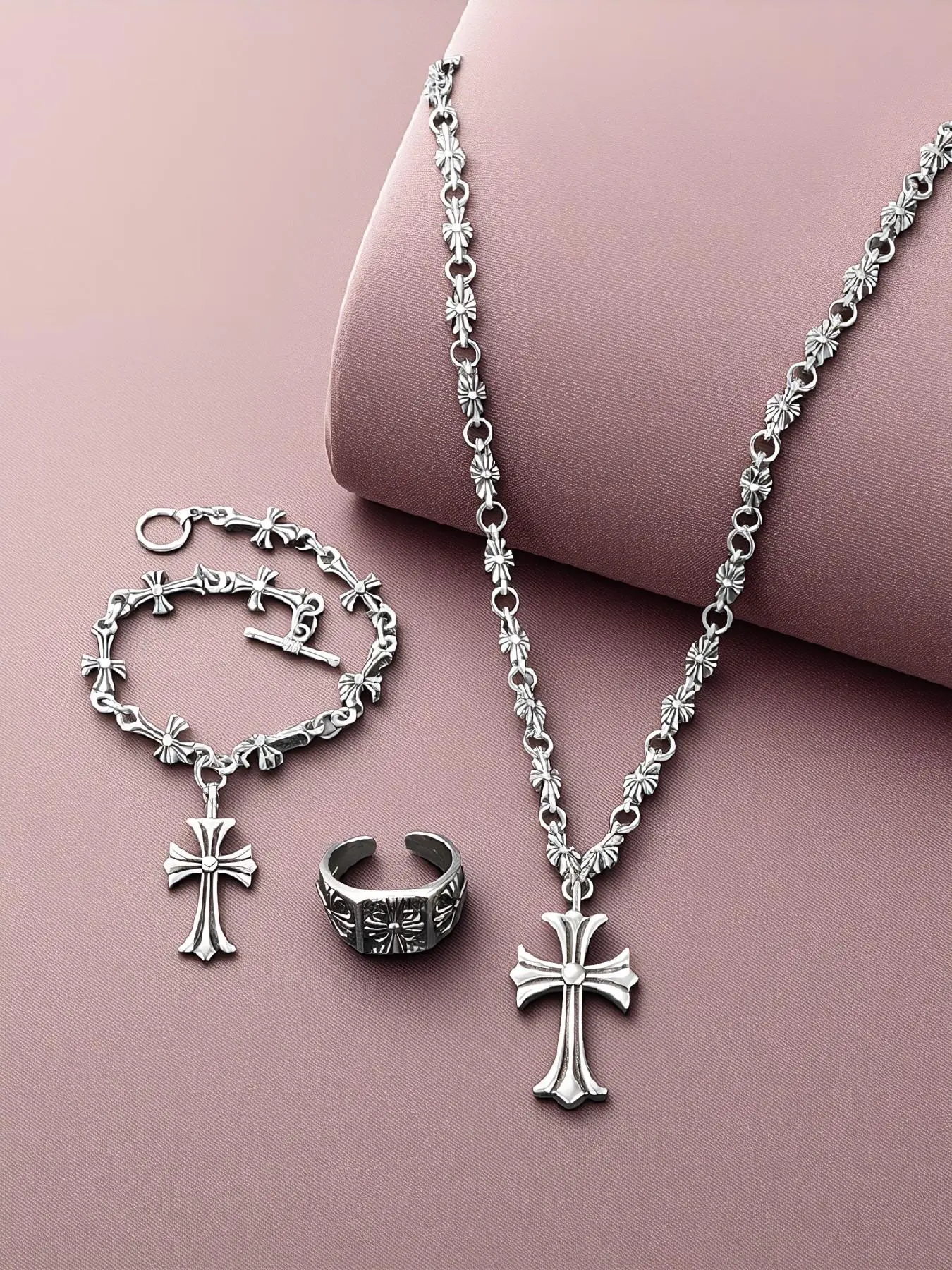Retro Antique Silver Gothic Cross 3 Pieces Jewelry Set, Costume Jewelry Set, Including Necklace Bracelet Open Ring, Unisex Punk Street Hip Hop Matching Accessories, Y2K Grunge Vintage Cross, Distressed Silver Cross Pendant Nec