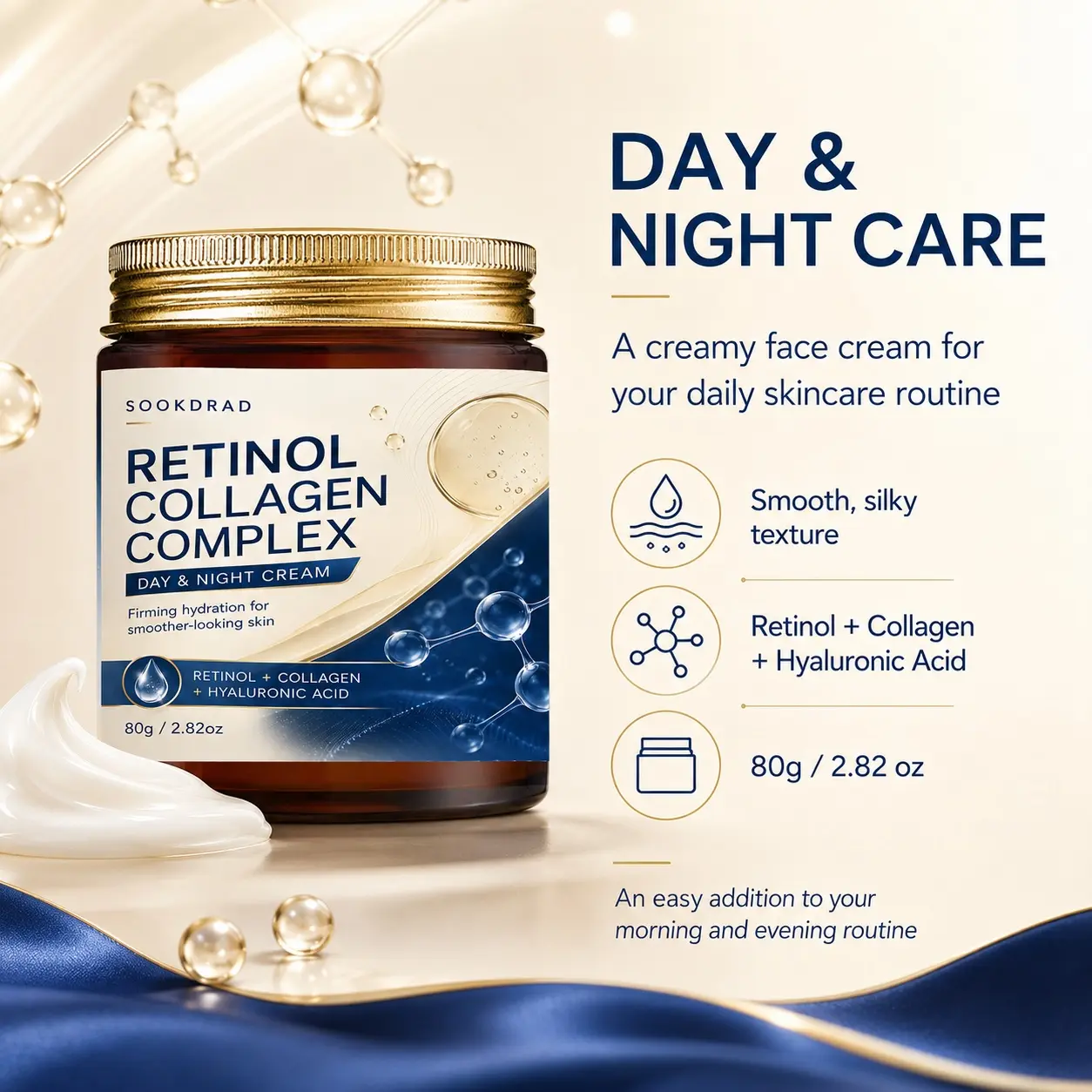 Retinol Collagen Complex Day Night Cream, Retinol Collagen Hyaluronic Acid, Firming Hydration, Smoother Skin, 80g /2.82oz