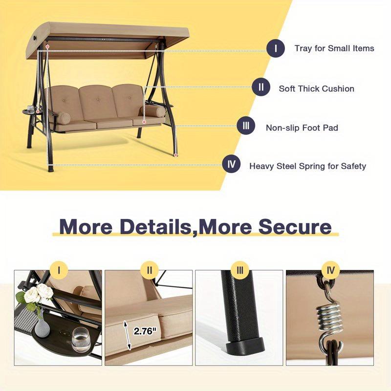 3-Seat Outdoor Swing Chair with Adjustable Backrest, Converts to Lounger Bed, Patio Swing Glider with Removable Cushion & Canopy for Deck, Garden, Backyard, Brown