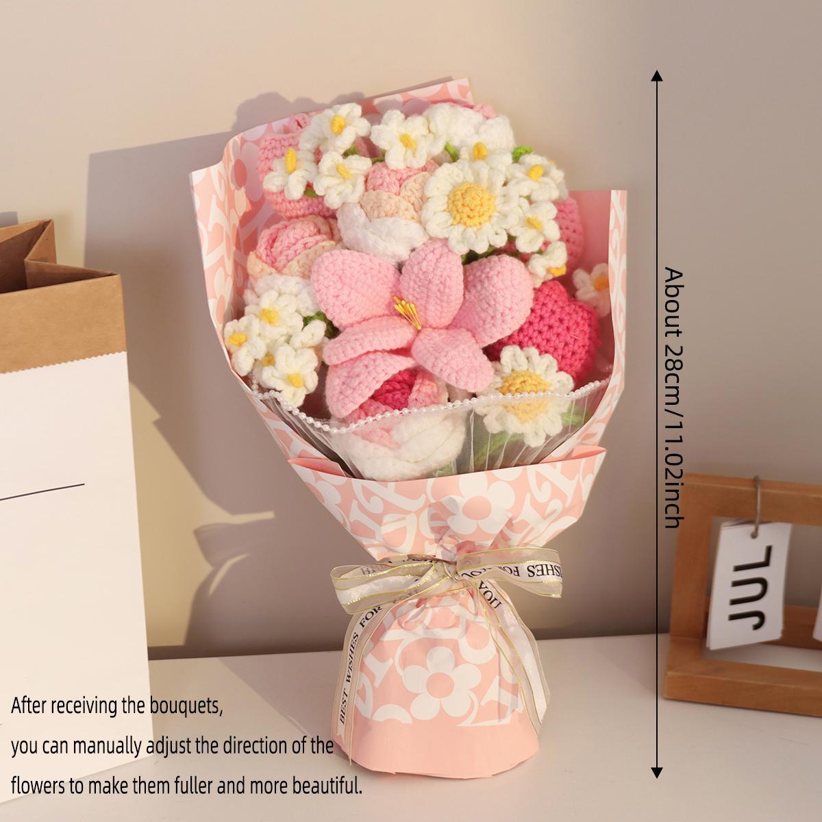 Handmade Crochet Flower Bouquet, 1 Bunch Decorative Artificial Flowers for Home Decor, Weddings, Parties & Anniversaries, Perfect Gift for Valentine’s Day, Birthday, Mother’s Day & Thanksgiving, Fake Flower