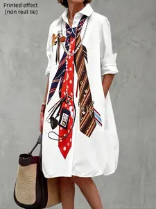 Long Sleeve Loose Fit Printed Midi Dress with Button and Pocket, Stylish Casual Boho Fashion Wear, Perfect for Daily, Comfortable and Trendy Design