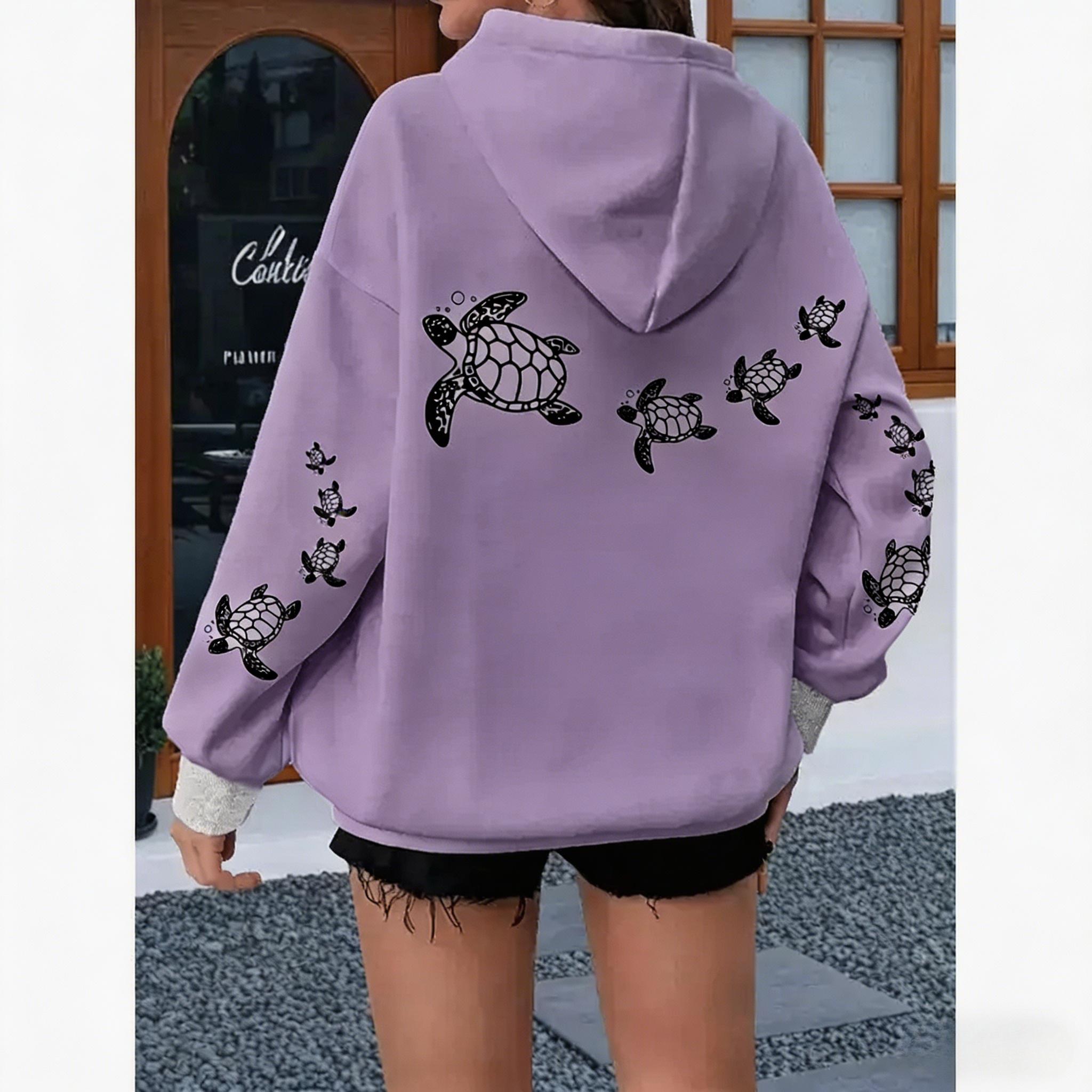 Women's plus-size loose hoodie with turtle print - pink and white casual pullover sweatshirt, kangaroo pocket and drawstring hood, machine washable, comfortable for all seasons, loose fit, soft fabric