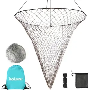 Foldable Drop and Pier Fishing Net, Portable Bridge Crab Bait Shrimp Net with Bucket Soft Steel Hoop, 32FT Rope and Storage Bag