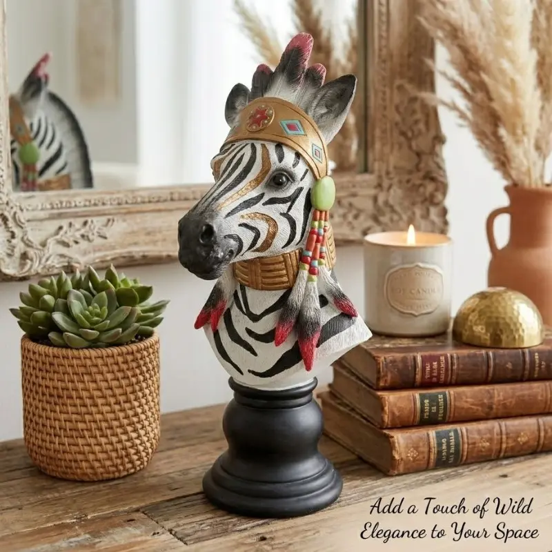 Upulipuli Zebra Bust Sculpture Home Decor Sculptures - Handmade Tribal Zebra Bust Statue with Feather Headdress. Resin Zebra Head Figurine with Tribal Ornament for Shelf, Office, or Living Room- Modern Farmhouse Animal Statue - Rustic Tabletop Decoration