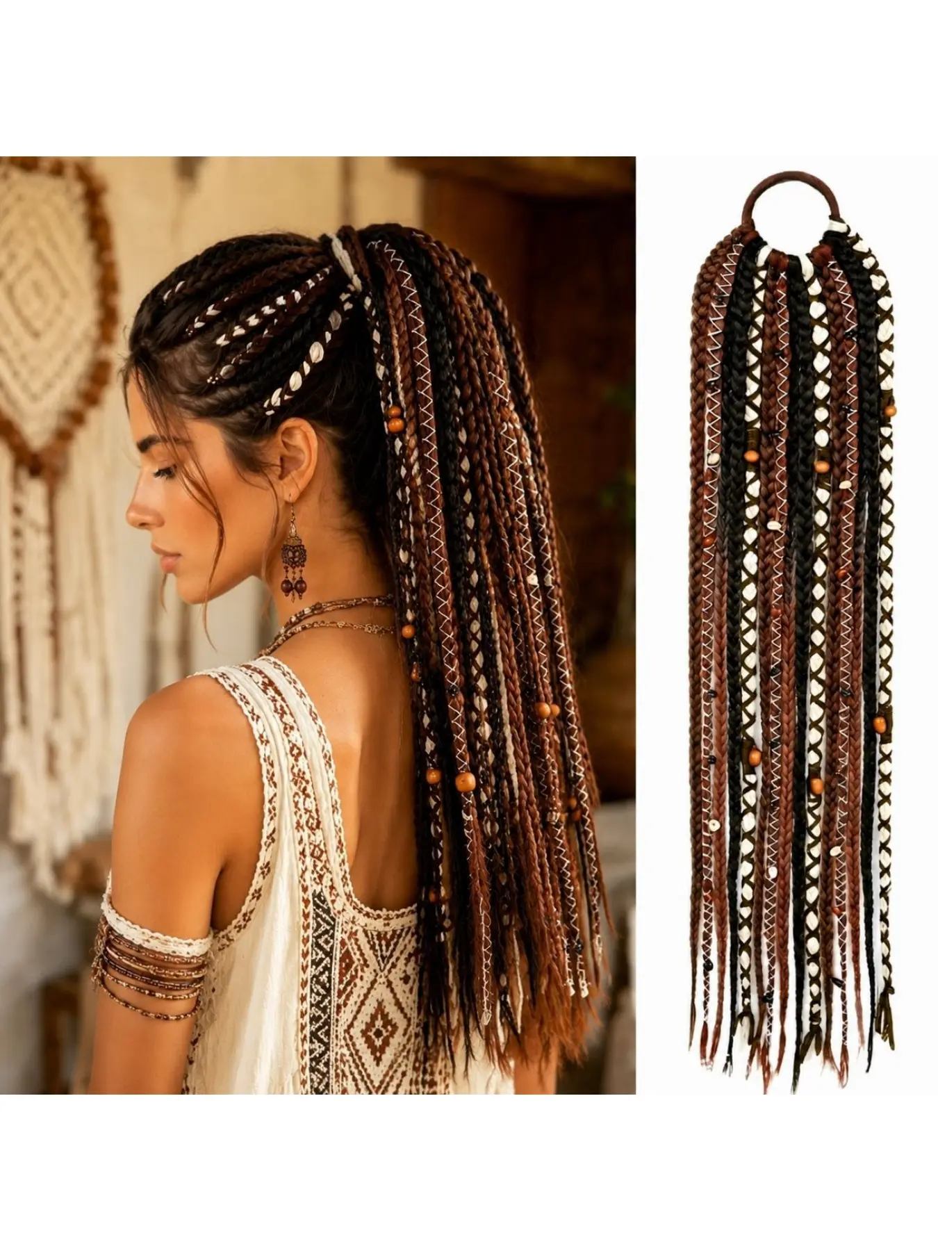 24 Inch Bohemian Braided Hair Extension for Women Synthetic Ponytail Braid Wig with Natural Looking Hairline Handmade Crochet Braids for Festival Summer Beach Party Cosplay