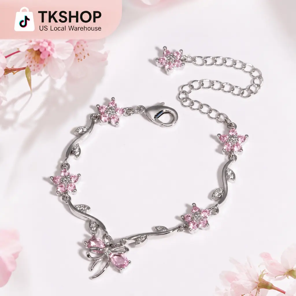 Flower Bow Bracelet, Gold & Silver Tone Adjustable Chain with Pink Crystal Accents, Dainty Floral Vine Design, Elegant Adjustable Jewelry for Women, Daily Wear & Gifts