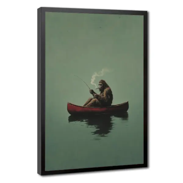 Vintage Sasquatch Fishing Canvas Wall Poster - Funny Bigfoot in Canoe Waterproof Unframed Multi-Size Print, Rustic Outdoor Decor, Gift Idea for Nature Lovers