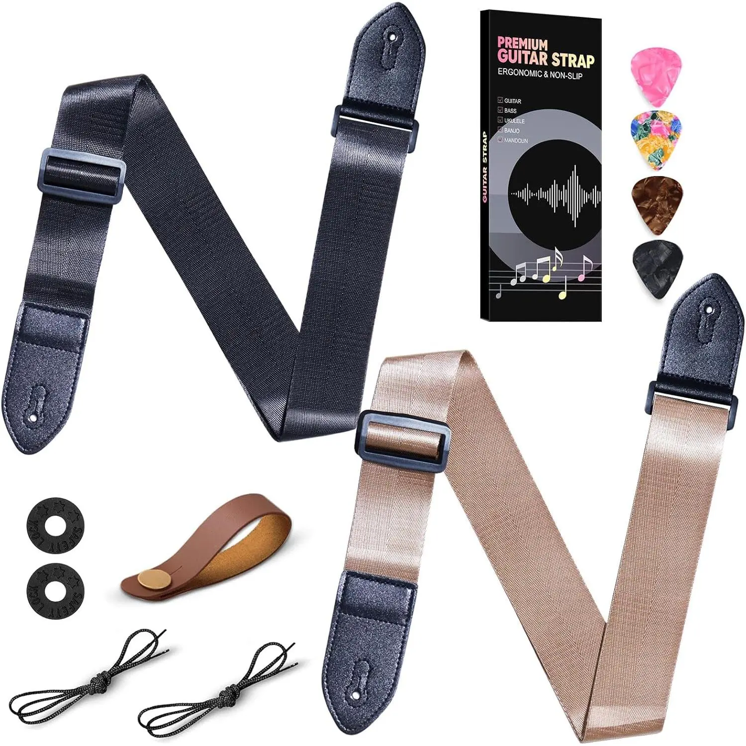 2-Pack Guitar Straps - Black & Brown, Elegant Thick Webbing with Leather Buckle, Adjustable for Acoustic, Electric, Bass Guitars, Strap Locks Included, Ideal for Teens, Christmas, Birthdays Gifts