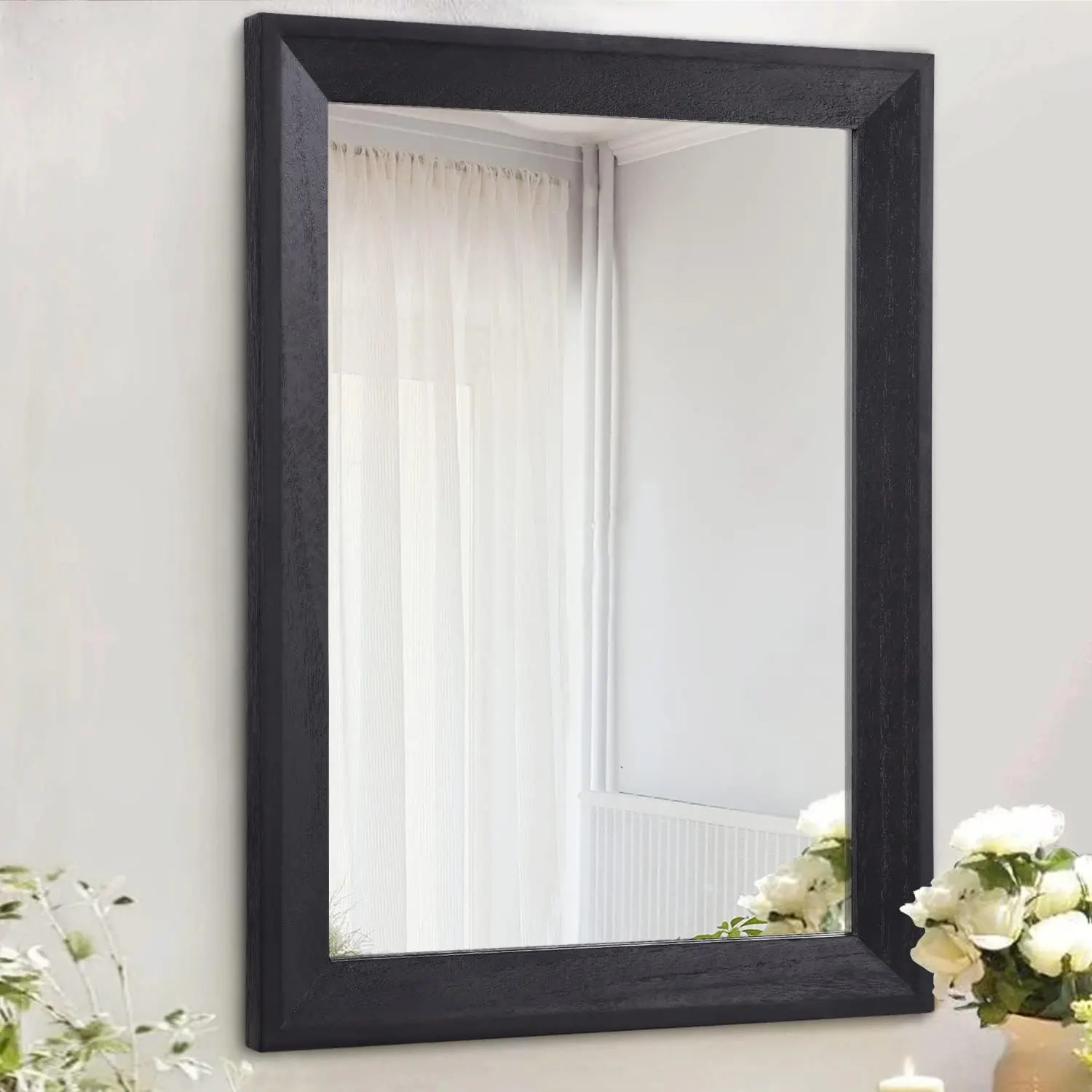 Wall Mirror with Black Wood Frame, Rectangular Decorative Hanging Mirror for Bedroom Bathroom Living Room Farmhouse Entryway, SmallGift