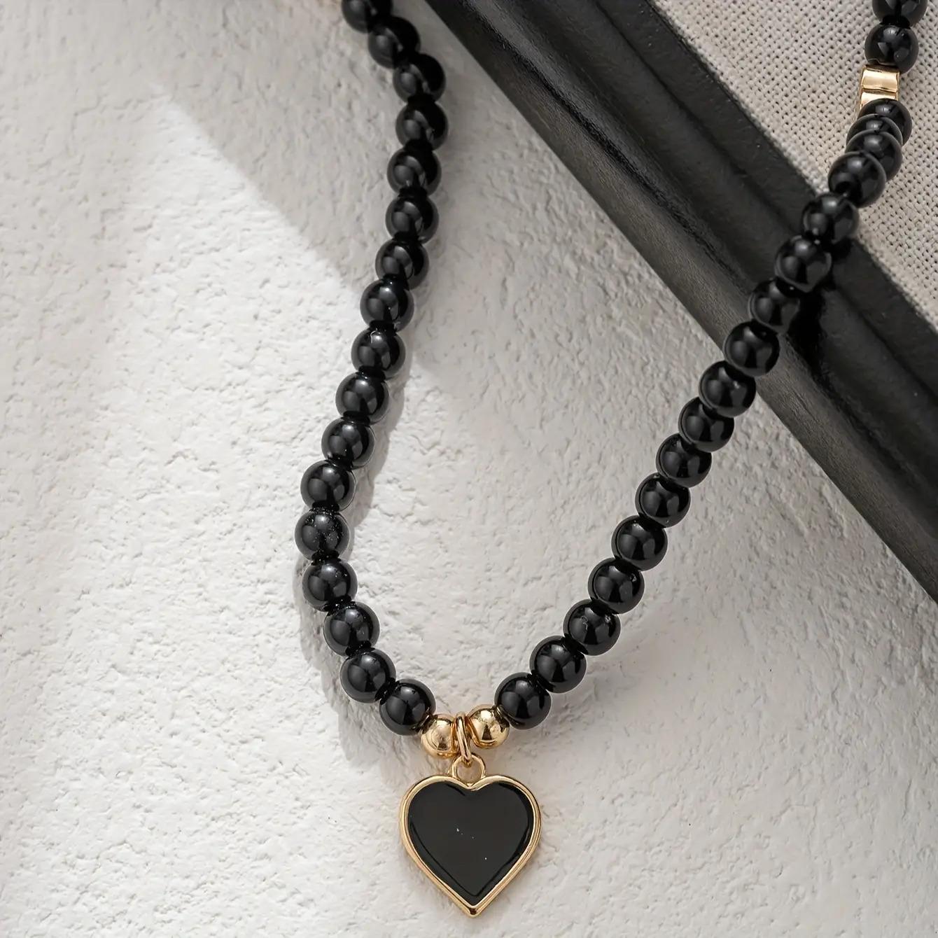 [1pc Handmade Bead Necklace] 1pc Handmade Black Bead Necklace with Golden-Tone Heart Pendant |     Bohemian Elegant Jewelry for Women, Party Festival Vacation Accessories, Year-Round Wear, Everyday Accessory, Stylish Accessory, Fine Craftsmanship,