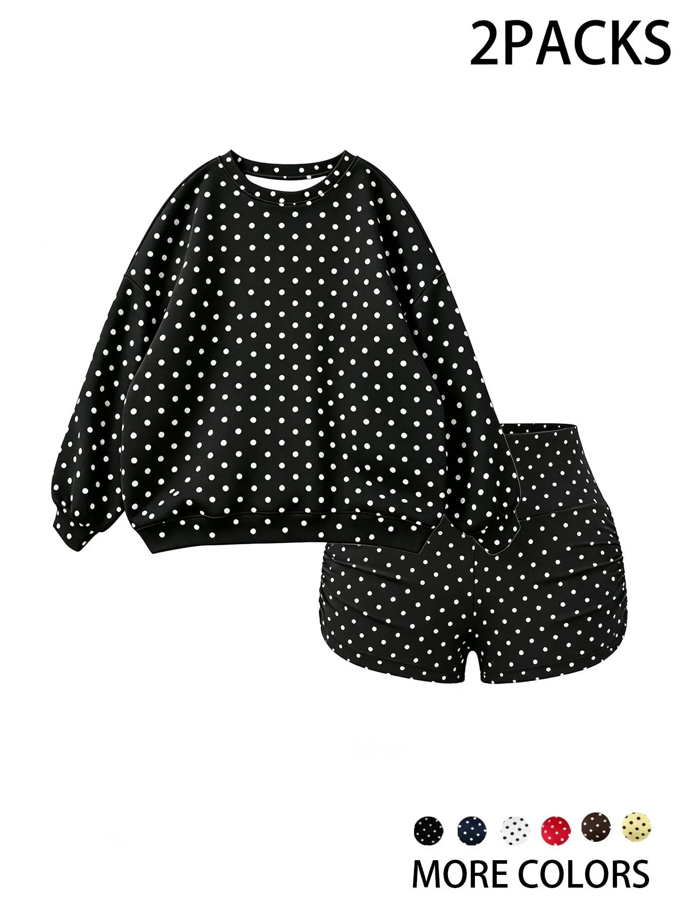 Women's 2-Piece Polka Dot Set, Womenswear, Loose-Fit Crew Neck Sweatshirt & High-Waist Shorts, Casual Fall Winter, Soft Comfortable Fabric